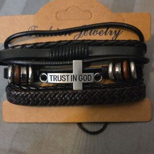 Black Leather Bracelet with Silver Accents